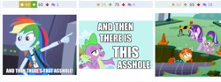 Size: 2048x759 | Tagged: safe, derpibooru import, rainbow dash, spike, starlight glimmer, sunburst, equestria girls, rainbow rocks, and then there's this asshole, derpibooru, implied spikeabuse, juxtaposition, juxtaposition win, meme, meta, vulgar