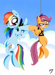 Size: 2934x4000 | Tagged: safe, artist:inkypsycho, rainbow dash, scootaloo, pegasus, pony, hoofbump, scootaloo can't fly