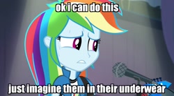 Size: 1280x714 | Tagged: safe, derpibooru import, edit, edited screencap, screencap, rainbow dash, equestria girls, rainbow rocks, guitar, image macro, meme, microphone, nervous, solo, squilliam returns, sweat