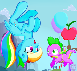 Size: 1180x1087 | Tagged: safe, artist:shadowhulk, rainbow dash, spike, dragon, pegasus, pony, balloon, female, flying, male, rainbowspike, shipping, straight, upside down, weather vane