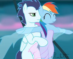 Size: 1024x838 | Tagged: safe, artist:rulette, rainbow dash, soarin', pegasus, pony, bipedal, blank flank, clothes, female, male, parody, shipping, soarindash, straight, titanic