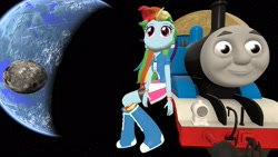 Size: 1920x1080 | Tagged: safe, derpibooru import, rainbow dash, equestria girls, 3d, boots, clothes, compression shorts, earth, gmod, moon, shirt, shirt design, sitting, skirt, space, stare, sweatband, t-shirt, thomas the tank engine, wat