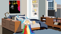 Size: 1920x1080 | Tagged: safe, artist:garretthegarret, rainbow dash, equestria girls, apartment, bed, bed hair, bedroom, city, humanized, interior, messy hair, morning ponies, on back, poster, solo, upside down