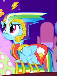 Size: 228x305 | Tagged: safe, derpibooru import, screencap, rainbow dash, pegasus, pony, suited for success, clothes, cropped, dress, gala dress, helmet, outfit catalog, rainbow dash always dresses in style, solo, zipper