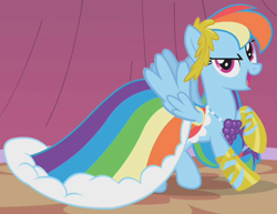 Size: 570x440 | Tagged: safe, derpibooru import, screencap, rainbow dash, pegasus, pony, the best night ever, clothes, cropped, dress, flying, gala dress, model, modeling, outfit catalog, rainbow dash always dresses in style, solo