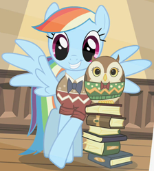 Size: 562x628 | Tagged: safe, derpibooru import, screencap, rainbow dash, owl, pegasus, pony, may the best pet win, book, bowtie, clothes, cropped, cute, dashabetes, female, mare, outfit catalog, rainbow dash always dresses in style, sweater