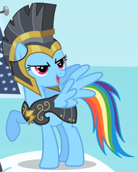 Size: 427x532 | Tagged: safe, derpibooru import, screencap, commander hurricane, rainbow dash, pegasus, pony, hearth's warming eve (episode), clothes, costume, flying, outfit catalog, solo