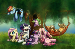 Size: 1000x653 | Tagged: dead source, safe, artist:xioade, derpibooru import, applejack, fluttershy, pinkie pie, rainbow dash, rarity, spike, twilight sparkle, twilight sparkle (alicorn), alicorn, dragon, earth pony, pegasus, pony, unicorn, drink, female, grass, hammock, mane seven, mane six, mare, picnic, sleeping, sunglasses, tree