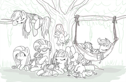 Size: 1000x653 | Tagged: safe, artist:xioade, derpibooru import, applejack, fluttershy, pinkie pie, rainbow dash, rarity, twilight sparkle, twilight sparkle (alicorn), alicorn, earth pony, pegasus, pony, unicorn, female, mane six, mare, monochrome