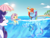 Size: 1329x1000 | Tagged: dead source, safe, artist:naminzo, fluttershy, rainbow dash, rarity, crab, pegasus, pony, unicorn, animal, beach, eyes closed, floppy ears, laughing, ocean, open mouth, palm tree, profile, rainbow dash is not amused, swimming, tree, trio, unamused, water, wet mane