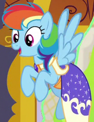 Size: 211x274 | Tagged: safe, derpibooru import, screencap, rainbow dash, pegasus, pony, make new friends but keep discord, clothes, dress, flying, gala dress, outfit catalog, rainbow dash always dresses in style, solo