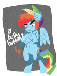 Size: 1024x1371 | Tagged: safe, artist:fauxsquared, rainbow blitz, rainbow dash, pegasus, pony, annoyed, belly button, bipedal, crossed hooves, frown, glare, rule 63, solo, spread wings