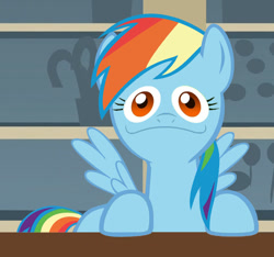 Size: 534x500 | Tagged: safe, rainbow dash, pegasus, pony, blue coat, daruma, face swap, female, mare, multicolored mane, solo