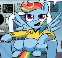 Size: 628x587 | Tagged: safe, derpibooru import, idw, rainbow dash, pegasus, pony, spoiler:comic, clothes, james t kirk, outfit catalog, solo, spaceship, star trek