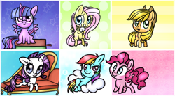 Size: 1024x564 | Tagged: safe, artist:flarities, derpibooru import, applejack, fluttershy, pinkie pie, rainbow dash, rarity, twilight sparkle, twilight sparkle (alicorn), alicorn, earth pony, pegasus, pony, unicorn, chibi, cute, female, mane six, mare