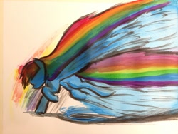 Size: 1024x768 | Tagged: safe, artist:zookz25, rainbow dash, pegasus, pony, action pose, long mane, long tail, solo, traditional art, trail