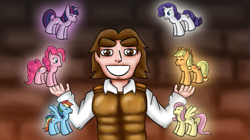 Size: 601x337 | Tagged: safe, artist:firenic, derpibooru import, applejack, fluttershy, pinkie pie, rainbow dash, rarity, twilight sparkle, earth pony, human, pegasus, pony, unicorn, clothes, dungeons of dredmor, hand, mane six, smiling