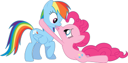 Size: 7947x3909 | Tagged: safe, artist:lightningbolt, derpibooru import, pinkie pie, rainbow dash, earth pony, pegasus, pony, female, hug, lesbian, pinkiedash, shipping, simple background, transparent background, vector