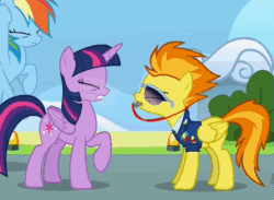 Size: 687x502 | Tagged: safe, derpibooru import, screencap, rainbow dash, spitfire, twilight sparkle, twilight sparkle (alicorn), alicorn, pegasus, pony, top bolt, animated, blowing, blowing whistle, gif, that pony sure does love whistles, this will end in deafness, whistle, whistle necklace, wonderbolts dress uniform