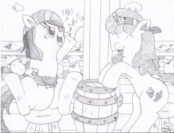 Size: 3316x2552 | Tagged: safe, artist:mc-ryan, berry punch, berryshine, rainbow dash, pegasus, pony, bandana, barrel, drinking, earring, eyepatch, grayscale, monochrome, pirate, pirate ship, traditional art