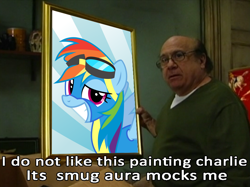 Size: 952x711 | Tagged: safe, derpibooru import, rainbow dash, pegasus, pony, top bolt, clothes, danny devito, faic, it's always sunny in philadelphia, meme, smug, smugdash, wonderbolts uniform