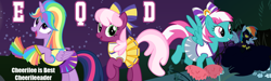 Size: 1162x349 | Tagged: safe, artist:cheezedoodle96, artist:dashiesparkle, artist:dragonchaser123, derpibooru import, cheerilee, rainbow dash, spring step, sunlight spring, twilight sparkle, twilight sparkle (alicorn), alicorn, pegasus, pony, banner, cheerileeder, cheerleader, cheerleader sparkle, clothes, equestria daily, halloween, nightmare night, pom pom, shadowbolts costume