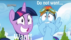 Size: 1366x768 | Tagged: safe, derpibooru import, edit, edited screencap, screencap, rainbow dash, twilight sparkle, twilight sparkle (alicorn), alicorn, pegasus, pony, top bolt, caption, discovery family logo, do not want, faic, grin, hoof biting, lip bite, meme, reaction image, smiling, varying degrees of want, want