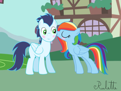 Size: 1024x768 | Tagged: safe, artist:rulette, rainbow dash, soarin', pegasus, pony, alternate hairstyle, blank flank, blushing, female, kissing, male, mane swap, shipping, smiling, soarindash, straight