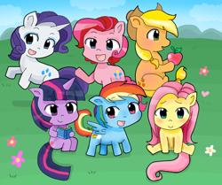 Size: 644x538 | Tagged: safe, artist:gimiga, derpibooru import, applejack, fluttershy, pinkie pie, rainbow dash, rarity, twilight sparkle, earth pony, pegasus, pony, unicorn, :>, :d, apple, book, chibi, cute, mane six, open mouth, reading, smiling