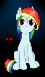 Size: 4414x7500 | Tagged: safe, artist:lace_felora, rainbow dash, pegasus, pony, abstract background, absurd resolution, ear piercing, female, mare, piercing, signature, sitting, solo, wingless
