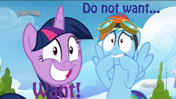 Size: 1366x768 | Tagged: safe, derpibooru import, edit, edited screencap, screencap, rainbow dash, twilight sparkle, twilight sparkle (alicorn), alicorn, pegasus, pony, top bolt, discovery family logo, do not want, faic, grin, hoof biting, image macro, lip bite, meme, reaction image, smiling, updated, varying degrees of want, want