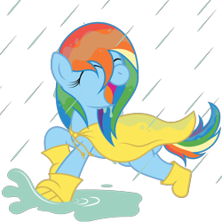 Size: 3500x3500 | Tagged: safe, artist:t-3000, rainbow dash, pegasus, pony, cute, dashabetes, eyes closed, galoshes, open mouth, puddle, rain, raincoat, running, simple background, smiling, solo, splashing, transparent background, vector, wet, wet mane