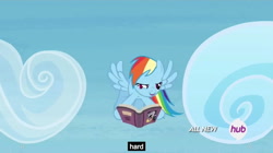 Size: 1280x719 | Tagged: safe, screencap, rainbow dash, pegasus, pony, trade ya, book, cloud, daring do and the sapphire statue, flying, hub logo, lidded eyes, meme, sky, solo, wingboner, youtube caption