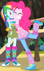 Size: 430x699 | Tagged: safe, derpibooru import, screencap, pinkie pie, rainbow dash, equestria girls, legend of everfree, camp fashion show outfit, clothes, converse, hug, shoes, sneakers