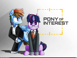 Size: 2048x1536 | Tagged: safe, artist:jasper77wang, rainbow dash, twilight sparkle, pegasus, pony, clothes, coat, crossover, glasses, gun, harold finch, john reese, necktie, parody, person of interest, pistol, shirt, tuxedo, weapon