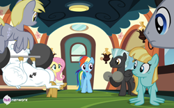 Size: 700x435 | Tagged: safe, screencap, bulk biceps, derpy hooves, fluttershy, helia, rainbow dash, thunderlane, pegasus, pony, equestria games (episode), female, friendship express, hub logo, mare, official, weight lifting, weights, wing-ups