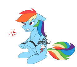 Size: 2007x1761 | Tagged: safe, artist:pandaamanda11, derpibooru import, rainbow dash, pegasus, pony, angry, arrested, bound wings, chains, cross-popping veins, cuffs, gritted teeth, pictogram, prisoner rd, shackles, simple background, solo, transparent background