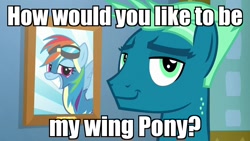 Size: 1280x720 | Tagged: safe, derpibooru import, edit, edited screencap, screencap, rainbow dash, sky stinger, pegasus, pony, top bolt, image macro, meme, pick up line, smug