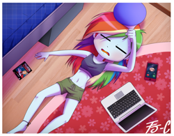 Size: 800x625 | Tagged: safe, artist:fj-c, derpibooru import, rainbow dash, equestria girls, adorasexy, alphonse elric, armpits, bed, belly, belly button, boxers, breasts, cellphone, clothes, computer, cute, dashabetes, edward elric, exhausted, eyes closed, floor, fullmetal alchemist, hand fan, laptop computer, on back, open mouth, phone, rainboob dash, sexy, solo, summer, sweat, tube top, underwear