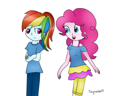 Size: 2592x1944 | Tagged: safe, artist:turquoise01, derpibooru import, pinkie pie, rainbow dash, equestria girls, alternate costumes, looking at each other, solo