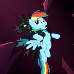 Size: 648x651 | Tagged: safe, derpibooru import, flash sentry, rainbow dash, changeling, pegasus, pony, do princesses dream of magic sheep, big bad brad, brad, cave, dark, dream, exploitable meme, flashface, hug, hug from behind, meme, stealing, waifu thief