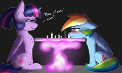 Size: 3000x1800 | Tagged: safe, artist:captainpudgemuffin, derpibooru import, rainbow dash, twilight sparkle, twilight sparkle (alicorn), alicorn, pegasus, pony, blushing, chess, dialogue, duo, embarrassed, floppy ears, lidded eyes, magic, simple background, sitting, smiling, smug, transparent background