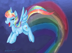 Size: 646x477 | Tagged: safe, artist:chimaerok, rainbow dash, pegasus, pony, crystallized, eyes closed, flying, rainbow trail, solo, trail