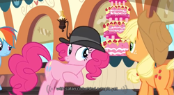 Size: 633x348 | Tagged: safe, derpibooru import, screencap, applejack, pinkie pie, rainbow dash, earth pony, pegasus, pony, mmmystery on the friendship express, youtube caption