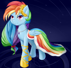 Size: 1045x1000 | Tagged: safe, artist:dstears, rainbow dash, pegasus, pony, the best night ever, clothes, dress, gala dress, laurel, laurel wreath, solo