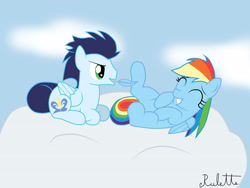 Size: 4000x3000 | Tagged: safe, artist:rulette, rainbow dash, soarin', pegasus, pony, female, hoof tickling, male, shipping, soarindash, straight, tickling