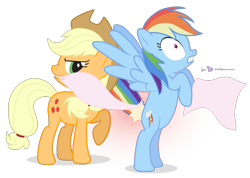 Size: 1095x780 | Tagged: safe, artist:dm29, derpibooru import, applejack, rainbow dash, earth pony, pegasus, pony, applejack is a spankaholic, duo, rearing, simple background, spanking, towel, towel snap, transparent background, wide eyes