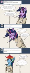 Size: 900x2175 | Tagged: safe, artist:dreamingnoctis, derpibooru import, rainbow dash, twilight sparkle, pegasus, pony, ask, ask asylum twilight, asylum, bondage, horn cap, magic suppression, straitjacket, stuttering, tumblr