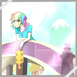 Size: 1024x1024 | Tagged: safe, artist:danteayagawe, derpibooru import, rainbow dash, human, bridge, humanized, solo