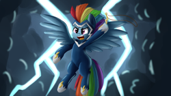 Size: 1280x720 | Tagged: safe, artist:ailynd, derpibooru import, rainbow dash, zapp, pegasus, pony, power ponies (episode), flying, lightning, power ponies, solo